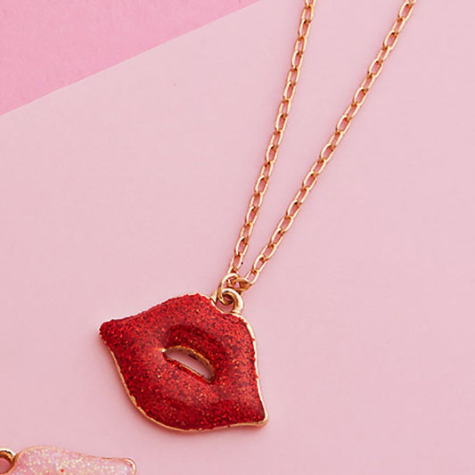 Sparkly Red Lips Pendant Necklace Dainty Gold Chain Valentine Jewelry 17 Inches
