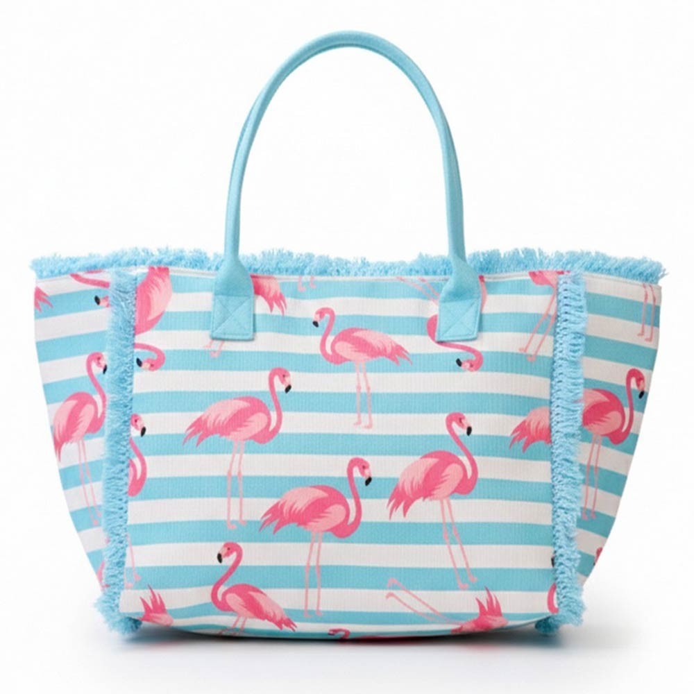 Flamingo Striped Blue White Fringed Large Tote Bag