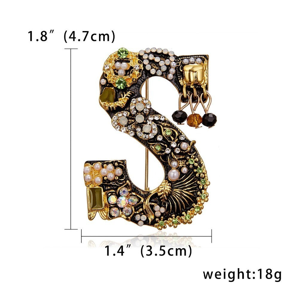 Vintage Initial S Brooch Crystal Pearl Letter S Pin Gold Tone Fashion Jewelry