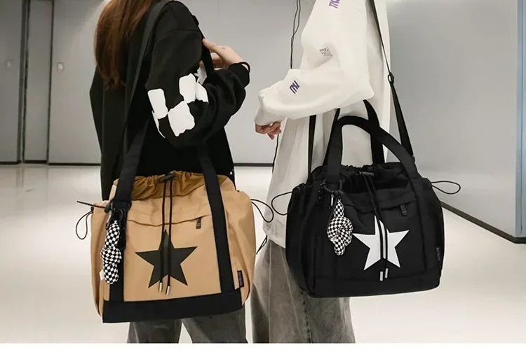 2-Pack Star Drawstring Tote Shoulder Bag Set Khaki Black White Crossbody Bags