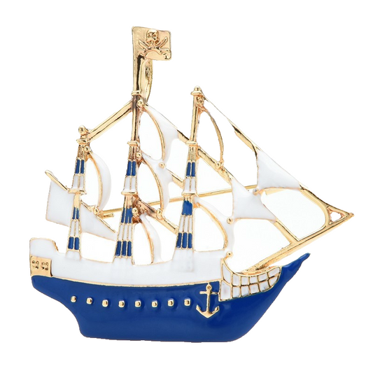 Blue Enamel Pirate Ship Brooch Pin Gold Tone Sailing Boat Nautical Theme 2.1 in