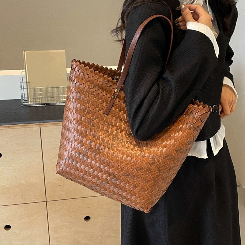 Handwoven Basket Weave Rattan Straw Tote Bag Large Capacity Brown Bags