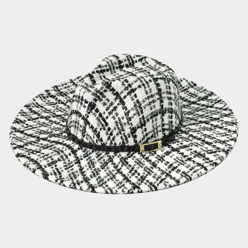 Women's Wide Brim Black & White Plaid Fedora Hat with Belt Band