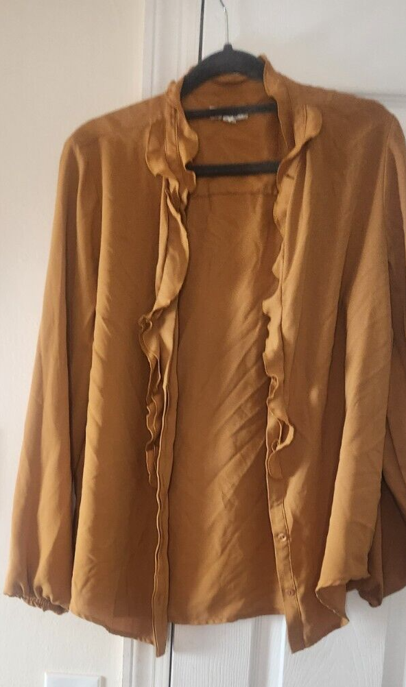 BAR III Mustard Ruffle Front Button Blouse Women’s Long Sleeve Chic Work Top