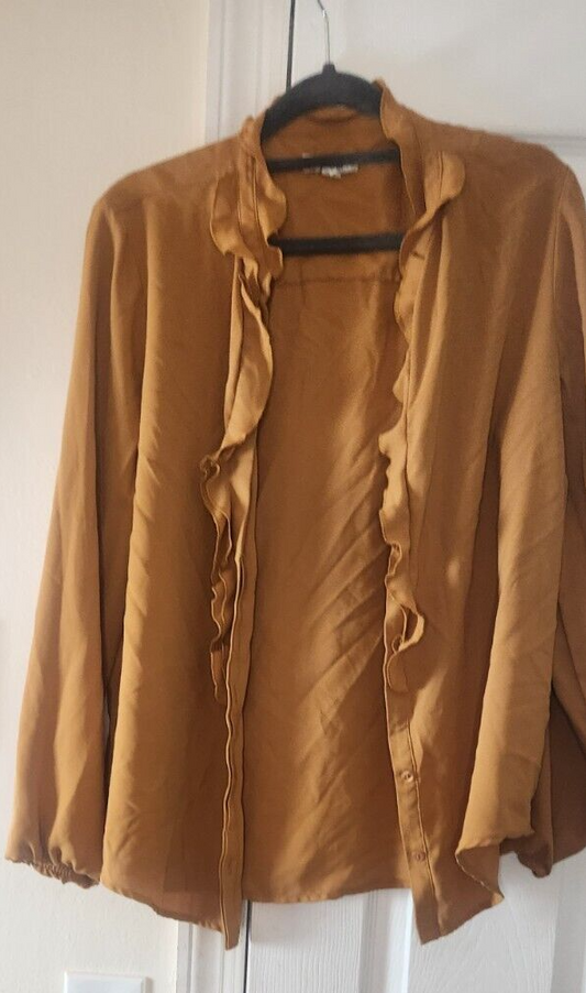 BAR III Mustard Ruffle Front Button Blouse Women’s Long Sleeve Chic Work Top
