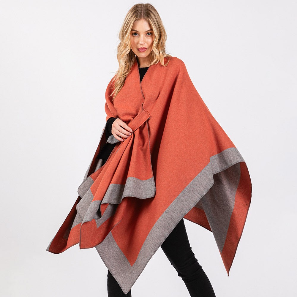 Two Tone Ruana Poncho Women Pull Through Shawl Knit Cape Wrap Cozy Layering