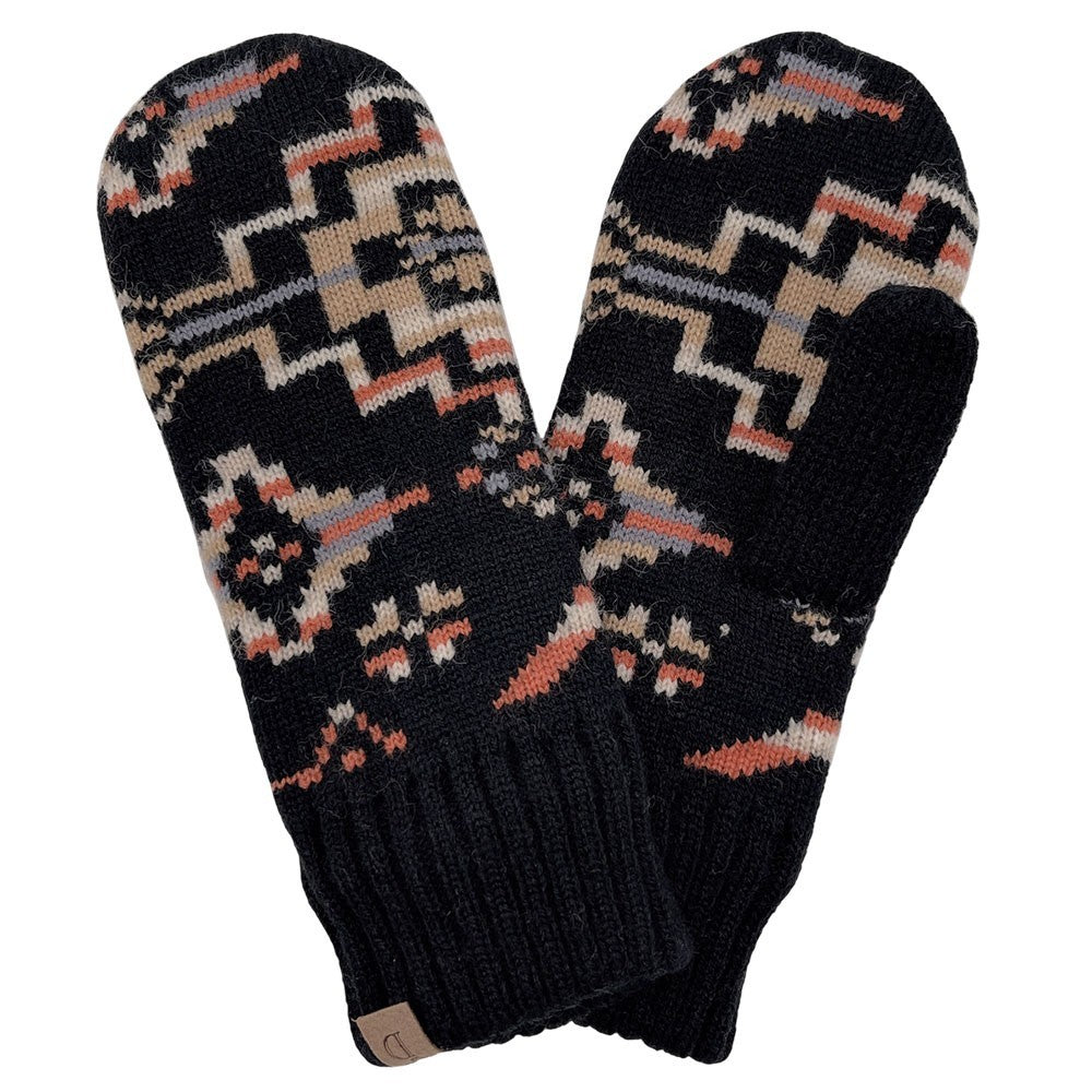 Women's One Size Ribbed Cuff Aztec Patterned Knit Warm Winter Mittens Black