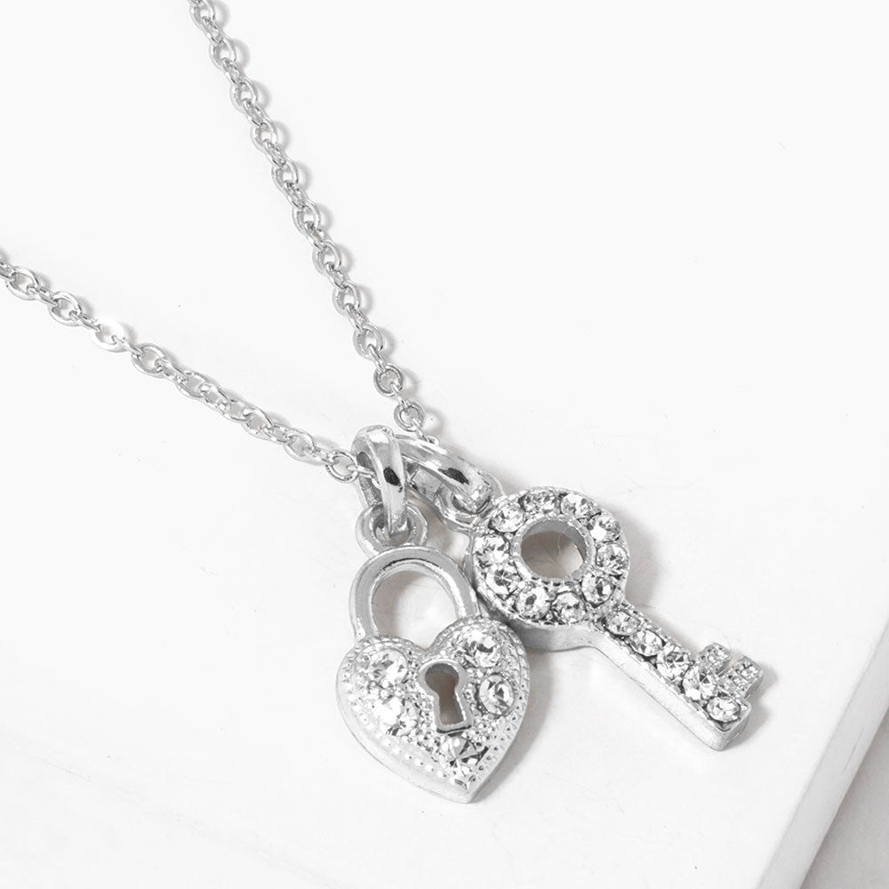 Silver Heart Lock and Key Pendant Necklace Sparkly Crystal Charms Gift
