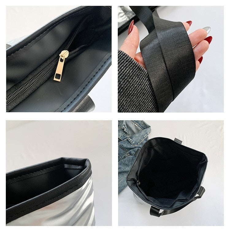 Black Quilted Puffer Tote Bag Shoulder Handbag Zipper Closure Carryall Purse