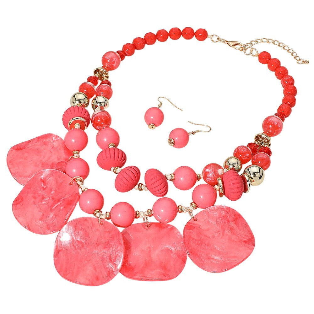 Chunky Wavy Resin Disc Beaded Necklace Double Layered Statement Jewelry