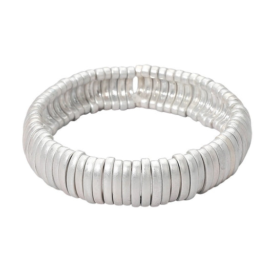 Silver Metallic Elastic Multi-Disc Stretch Bracelet for Men and Women, 0.6"