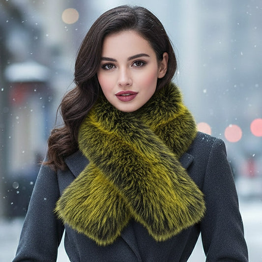 Women's Plush Faux Fur Warm Winter Scarf Shoulder Wrap Green & Black 5.5" X 38"