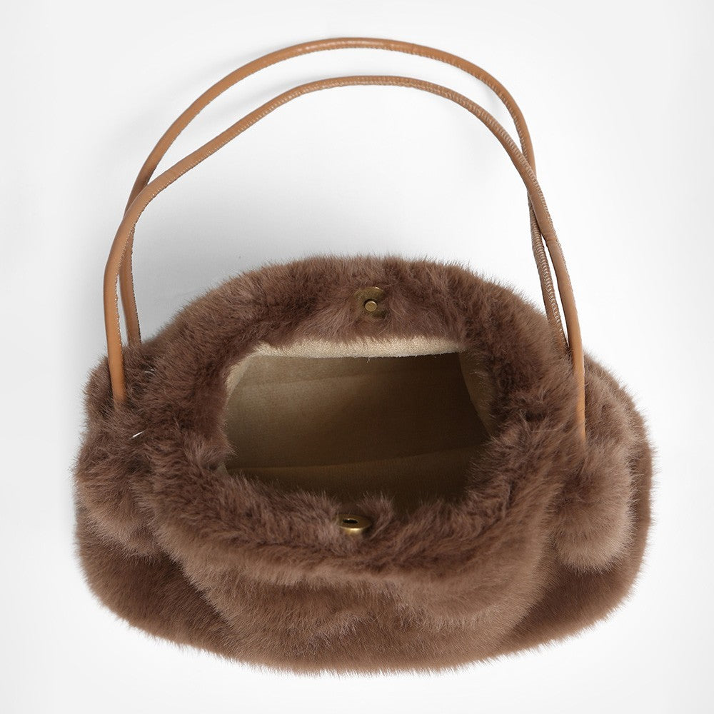 Brown Faux Fur Shoulder Bag with Tan Straps Winter Handbag Magnetic Closure