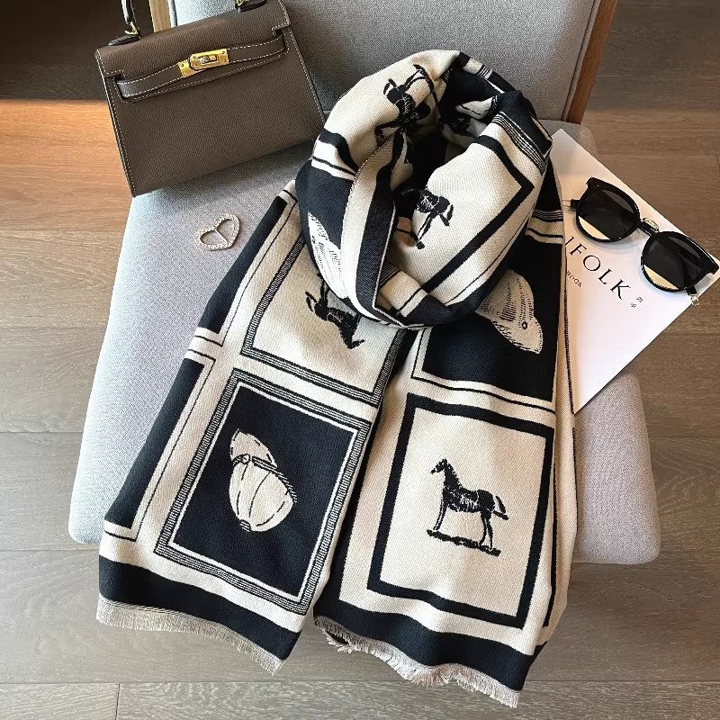 Black & Cream Equestrian Horse Print Woven Blanket Scarf Shawl Wrap Stole