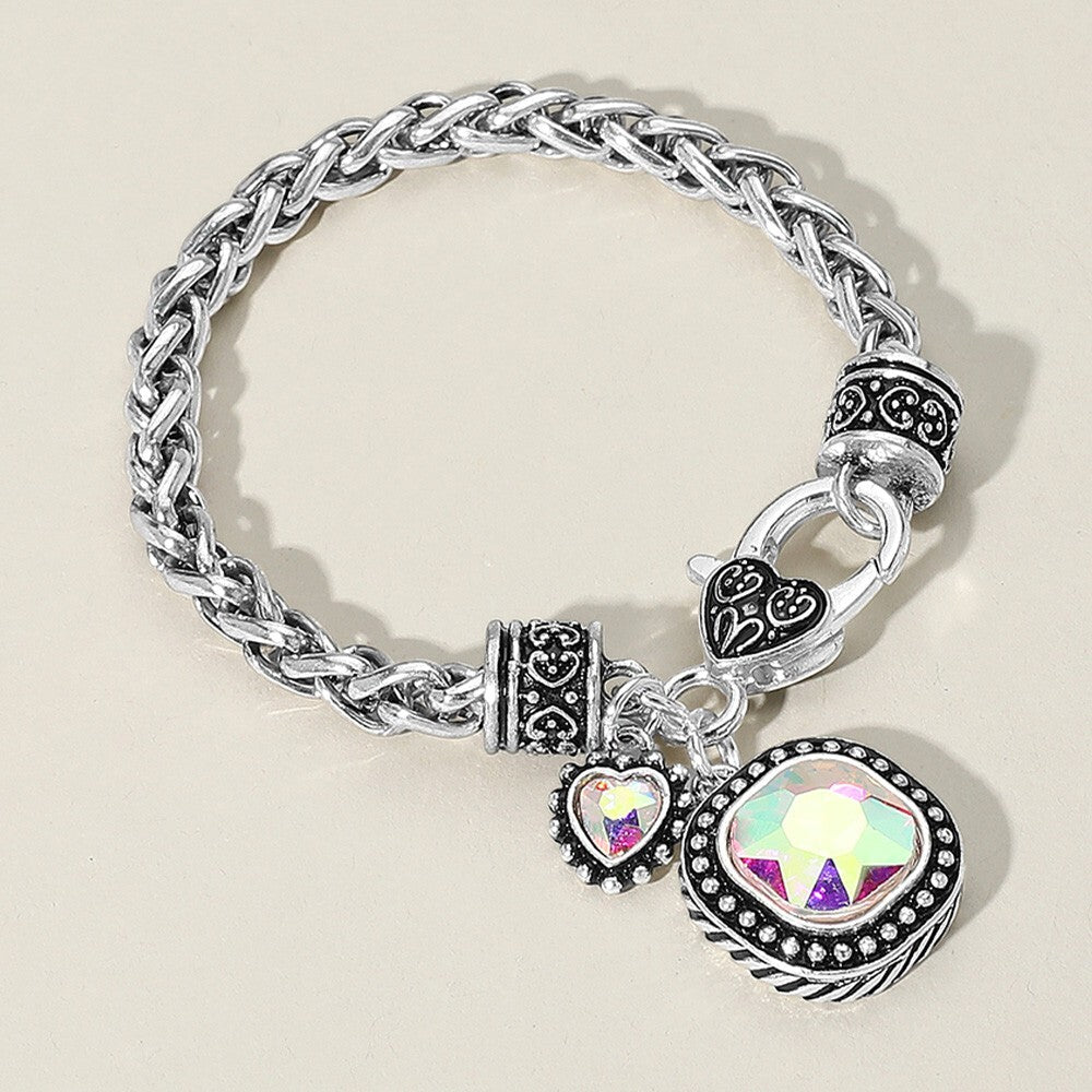 Square Heart Stone Charm Bracelet for Women Silver-Plated Sparkling Jewelry Chic