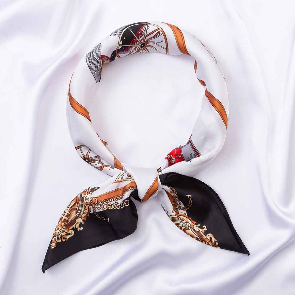 Black White Carriage Print Square Scarf Silk Feel Hair Head Wrap Handbag Tie