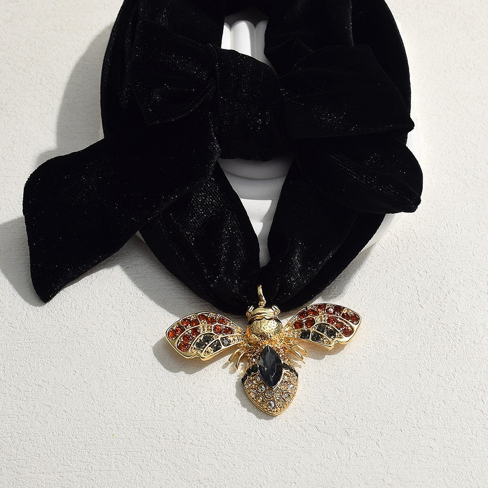 Statement Black Velvet Choker Necklace Bumble Bee Pendant Gold Rhinestone Scarf