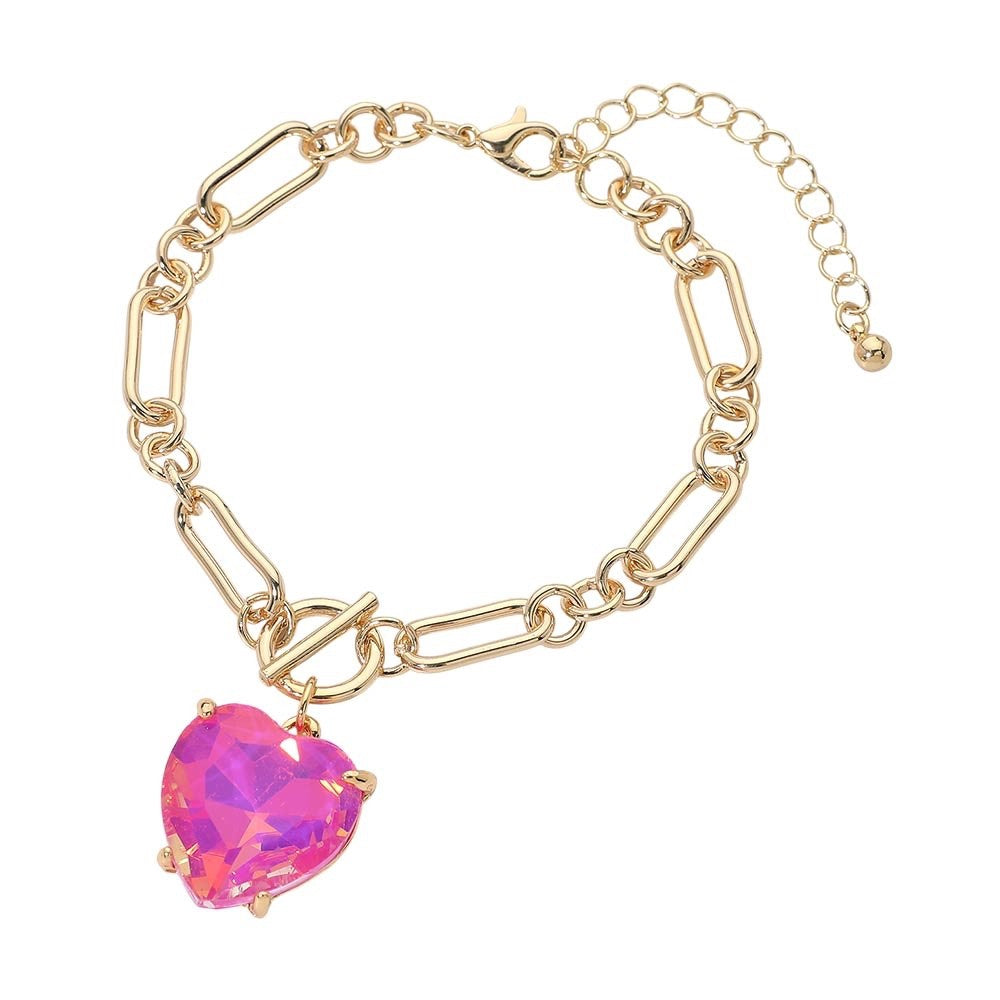 Gold Paperclip Chain Bracelet with Iridescent Pink Heart Crystal Charm Pendant