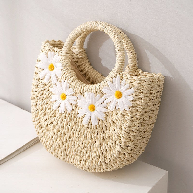 Hand-Woven Straw Daisy Bag for Women| Boho Moon-Shaped Summer Crossbody Purse