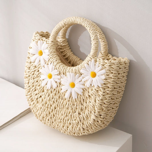 Hand-Woven Straw Daisy Bag for Women| Boho Moon-Shaped Summer Crossbody Purse