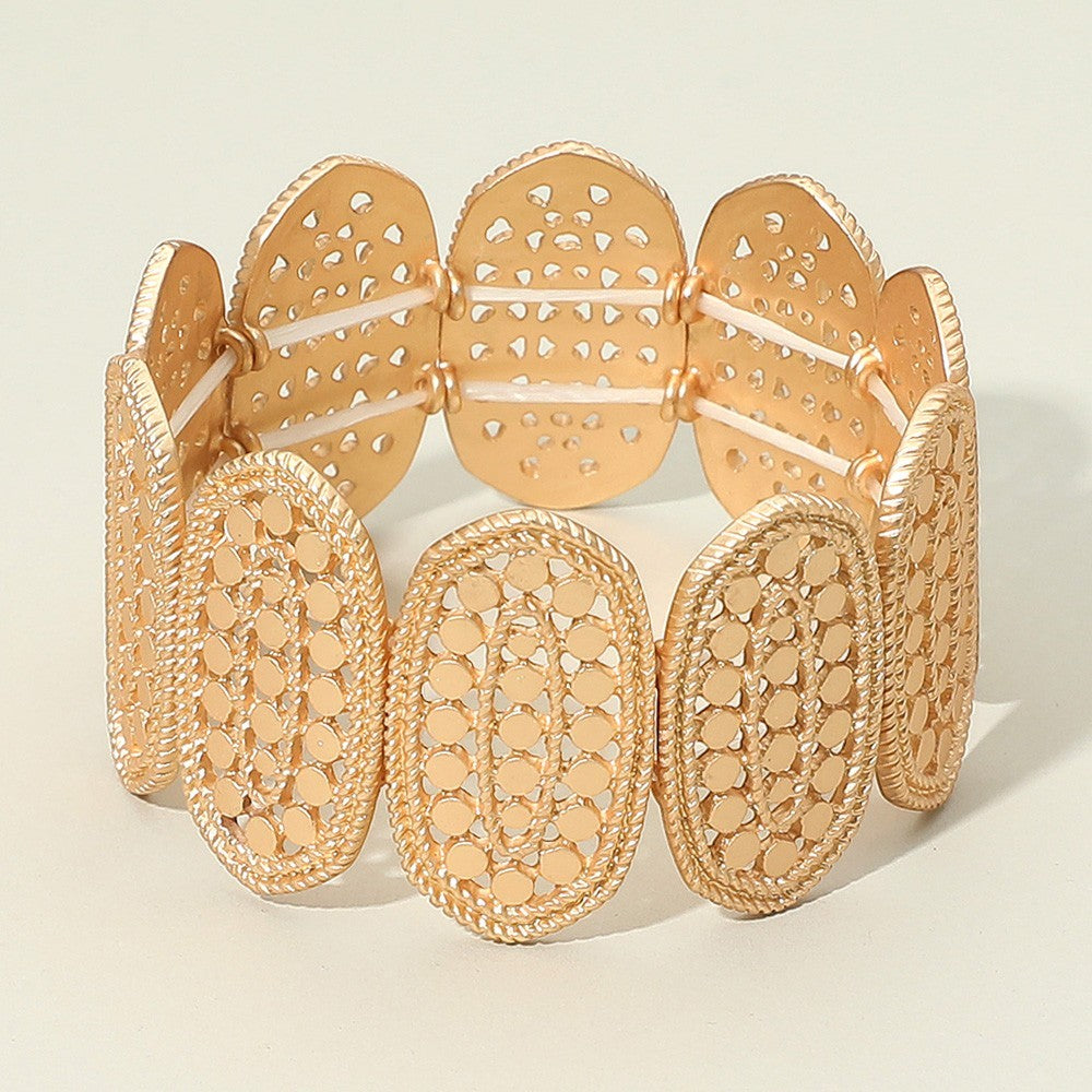 Gold Tone Textured Cutout Oval Panel Wide Stretch Bracelet Women’s Fashion