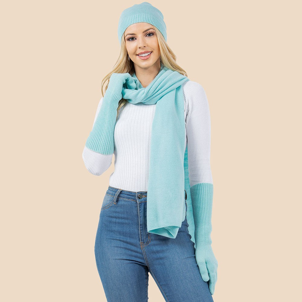 3 Piece Winter Beanie Hat Scarf and Gloves Set for Women's OS Light Blue Acrylic