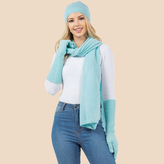 3 Piece Winter Beanie Hat Scarf and Gloves Set for Women's OS Light Blue Acrylic