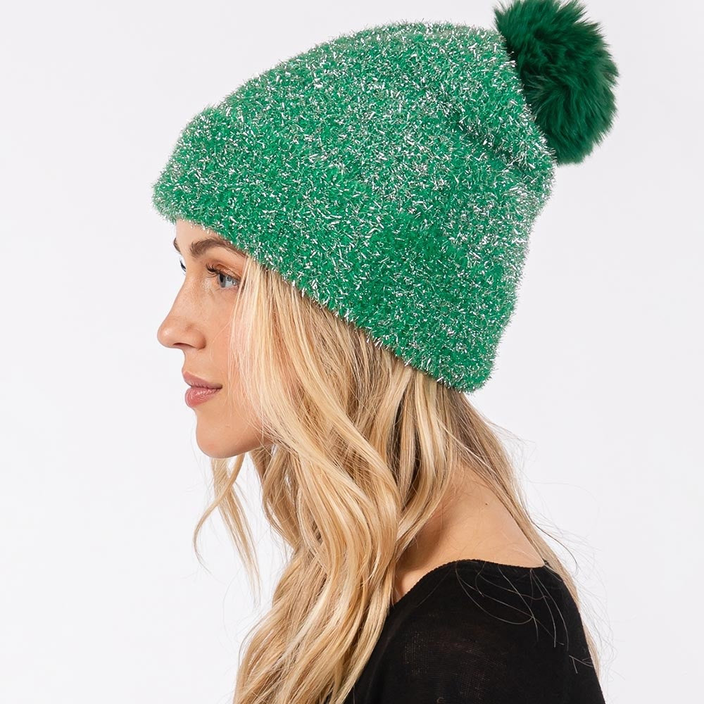 Green Metallic Tinsel Beanie with Faux Fur Pom - 100% Nylon Fleece Lined Hat
