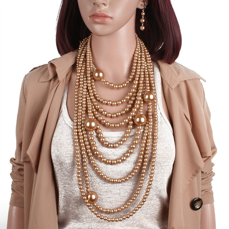 Multi Strand Champagne Pearl Necklace Earring Set Statement Jewelry