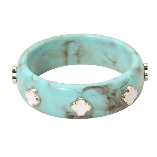 Turquoise Marbled Resin Bangle Bracelet - Gold Clover Accent Fashion Jewelry