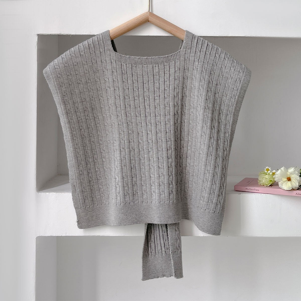 2pcs Cable Knit Sweater Scarf Shawl Wrap Faux Sleeve Shoulder Cape Set