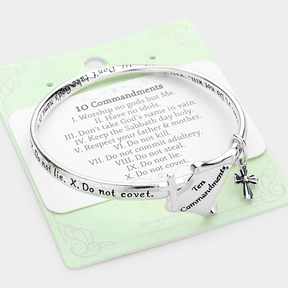 Antique Silver Ten Commandment Cross Message Charm Bangle Bracelet Religious