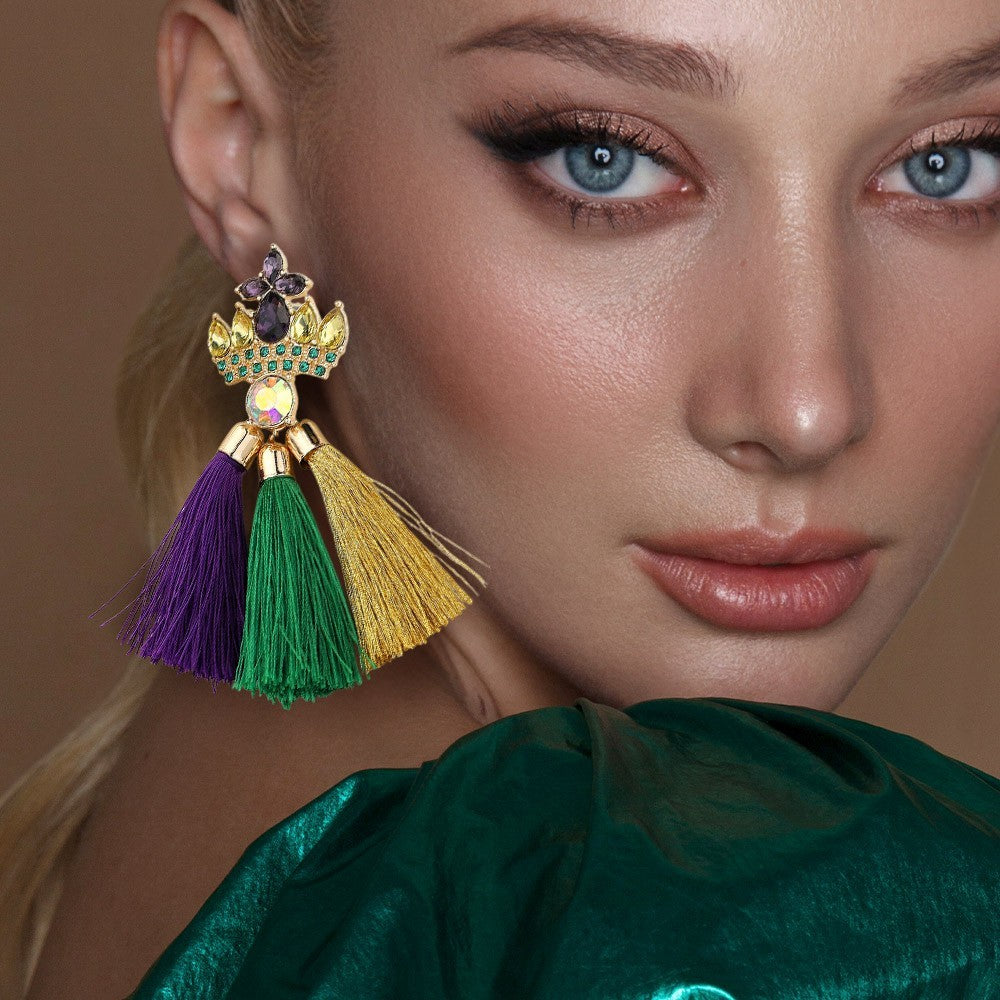 Mardi Gras Tassel Earrings  for Women Purple Green Gold Rhinestone Jewelry