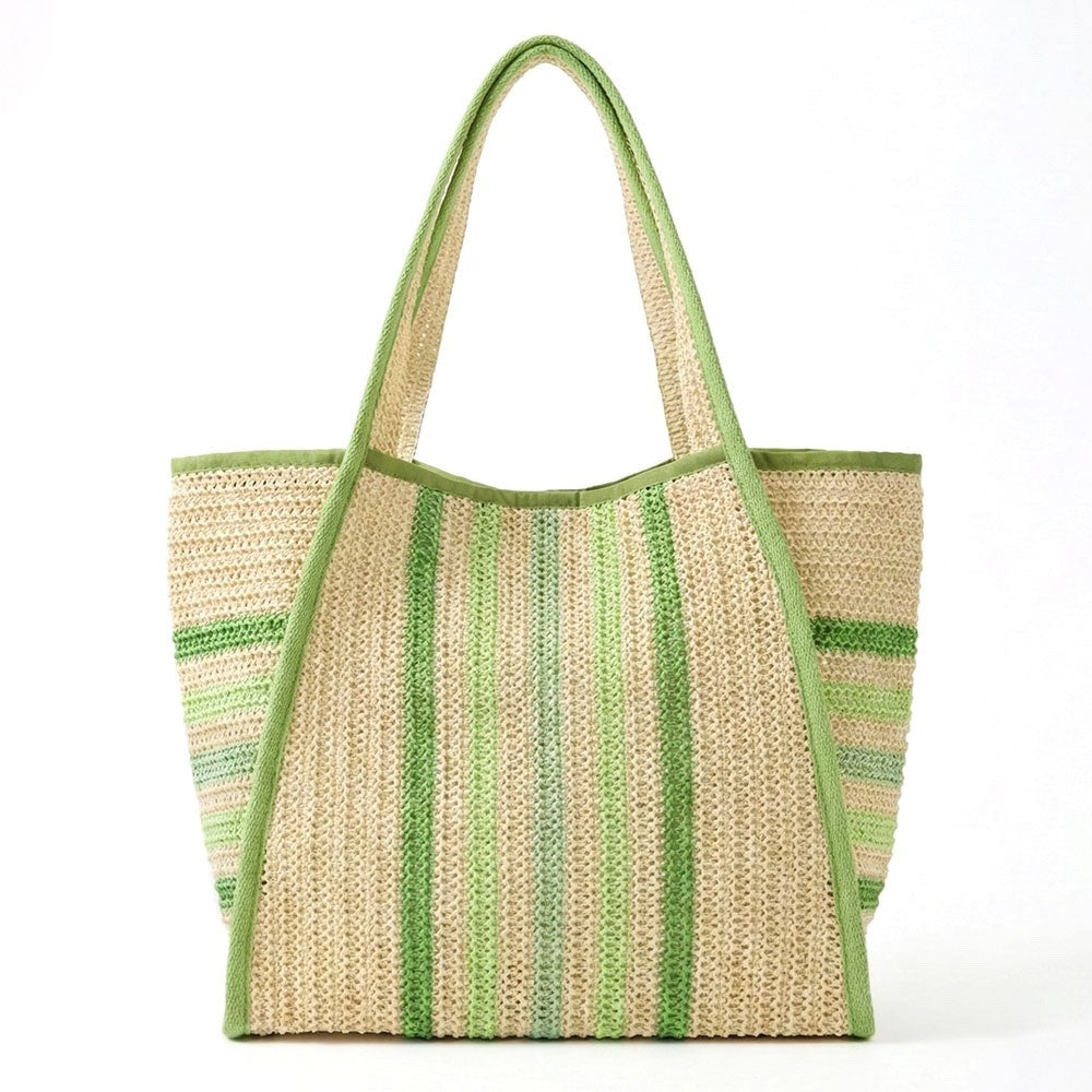 Green Striped Woven Straw Beach Tote Bag - Large Summer Vacation Shoulder Bag