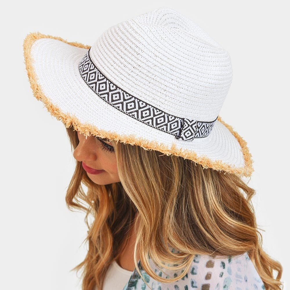 Frayed Trim Aztec Straw Hat for Women Summer Boho Style Beach Sun Hat White