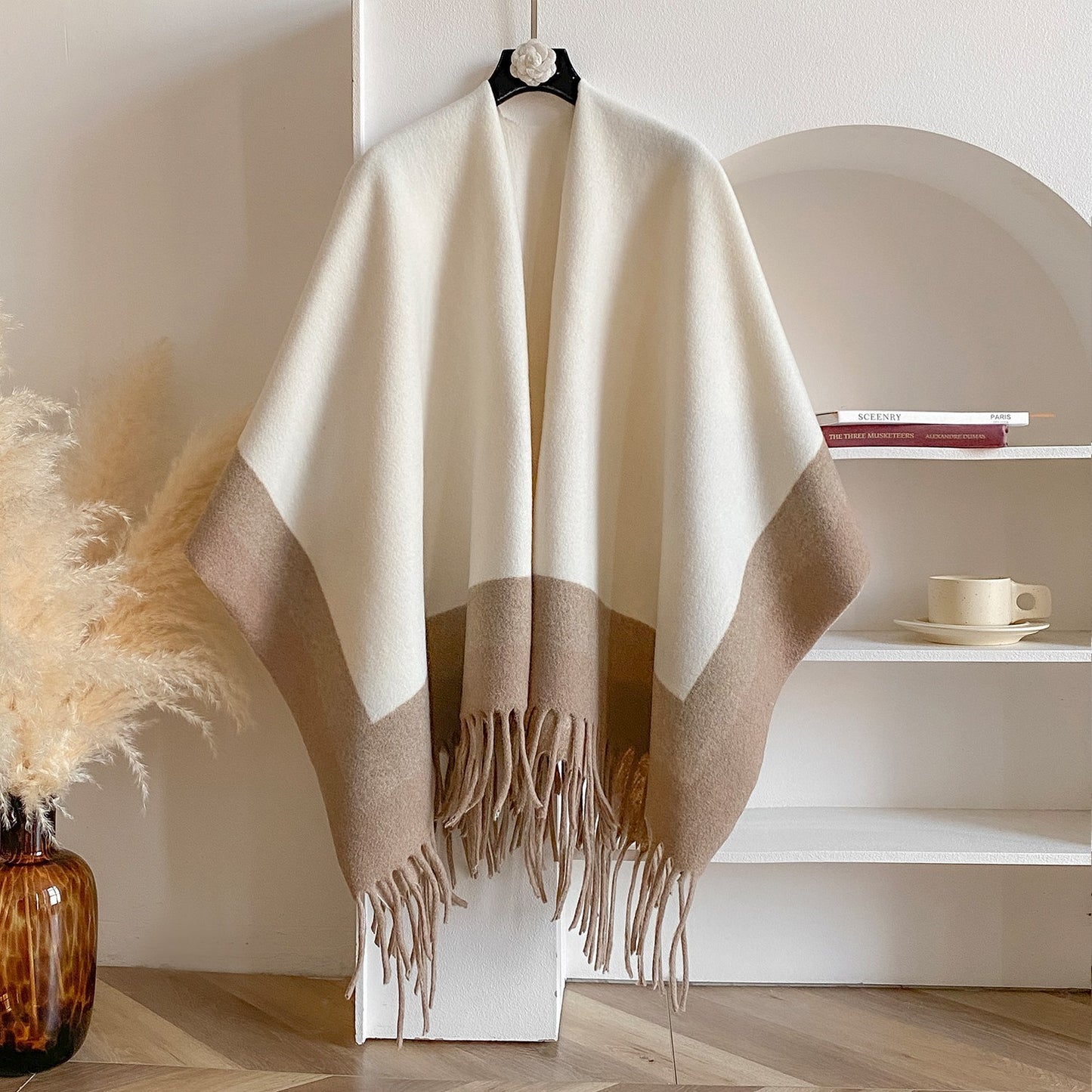 Women's Two Tone Fringe Poncho Cape Wrap Shawl Cardigan Winter Coat Oversized