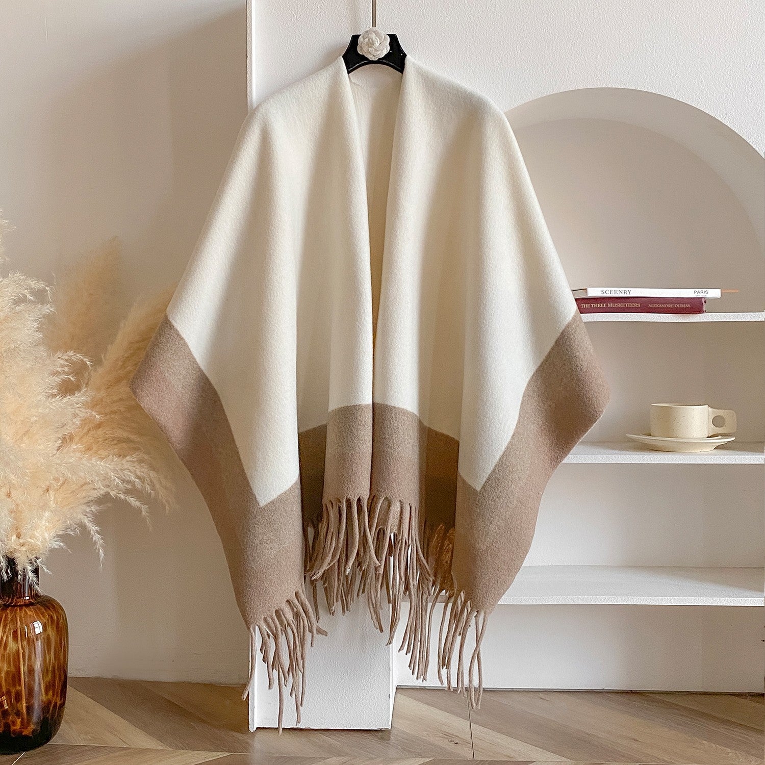 Women's Two Tone Fringe Poncho Cape Wrap Shawl Cardigan Winter Coat Oversized
