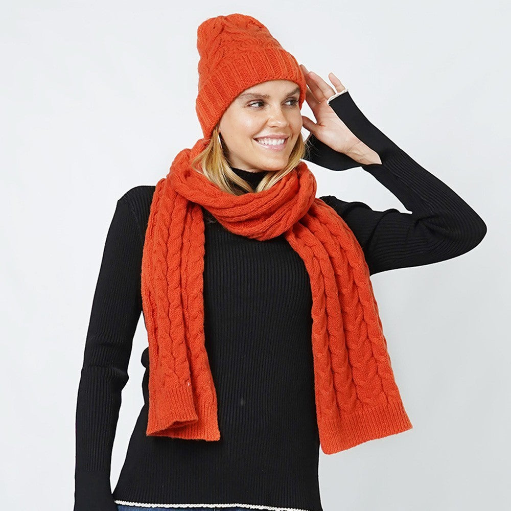 Cable Knit Hat Scarf Set 100% Polyester Scarf Matching Hat Set Red Cold-weather