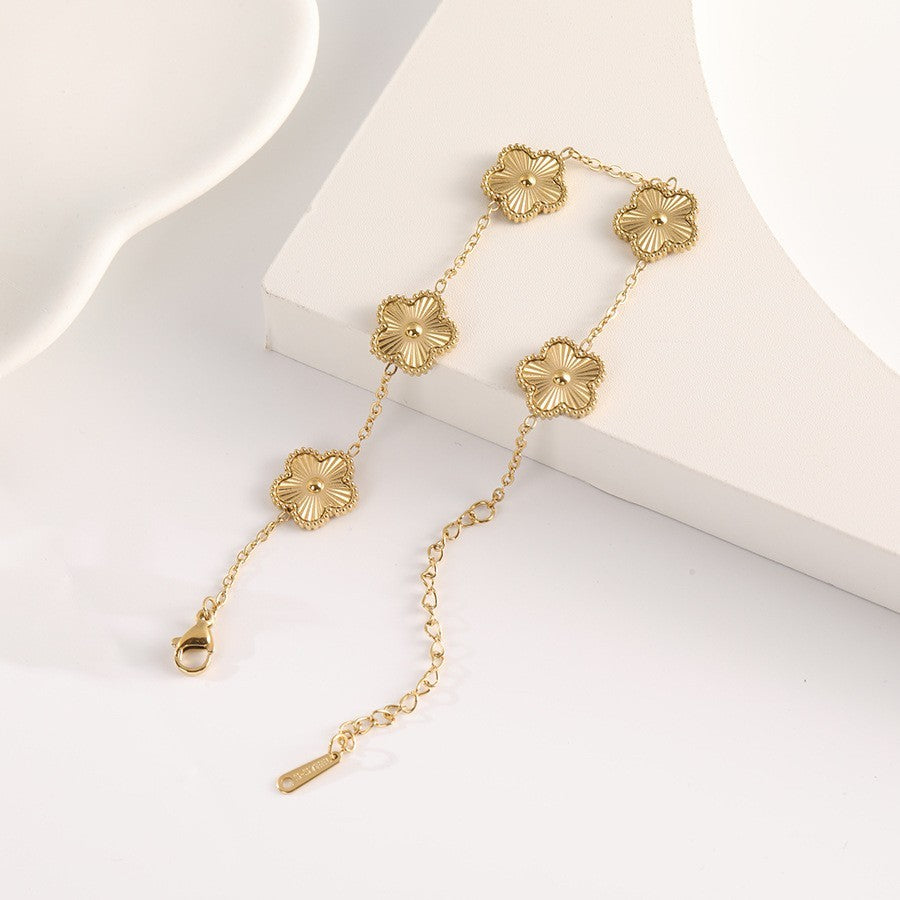 2pcs Gold Silver Clover Charm Bracelet Set Stainless Steel Adjustable Jewelry