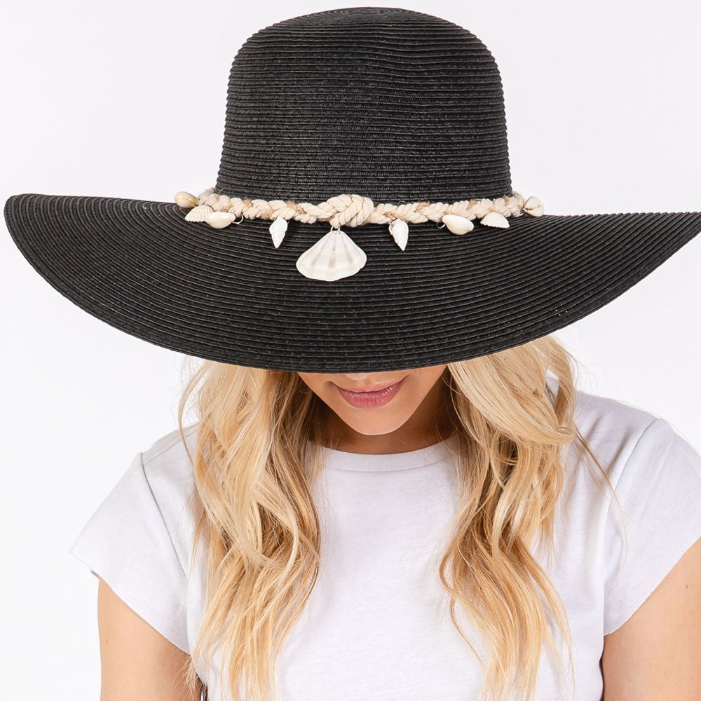 Shell and Conch Braided Band Straw Sun Hat for Women Wide Brim Beach Hat Summer