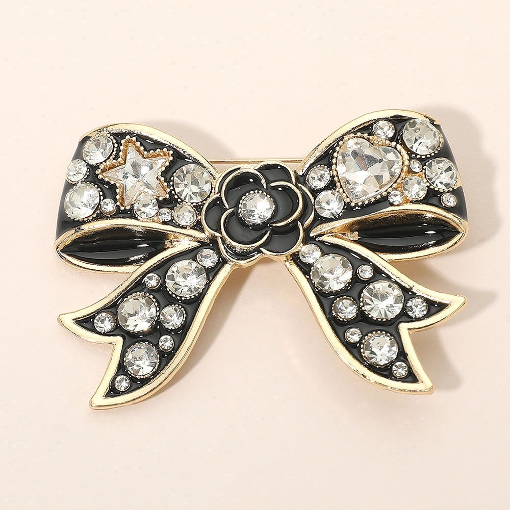 Elegant Black Enamel Bow Brooch Pin With Crystal Accents Vintage Style Jewelry