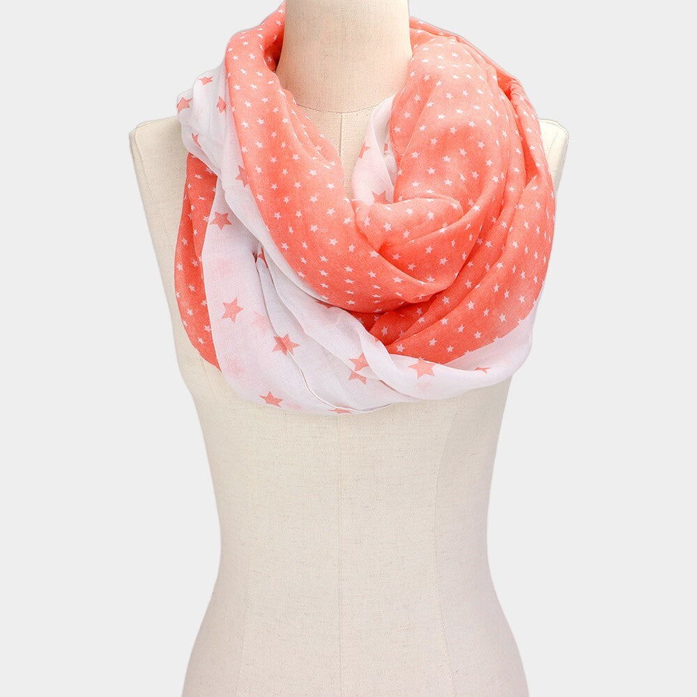 Coral and White Star Print Infinity Scarf Lightweight Loop Scarf for Women