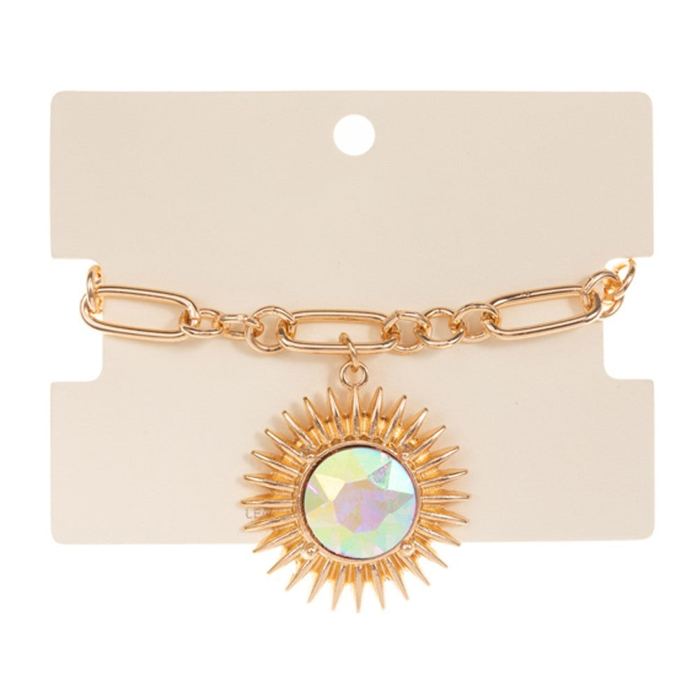 Gold Sunburst Charm Bracelet Iridescent Gem Statement Jewelry Adjustable