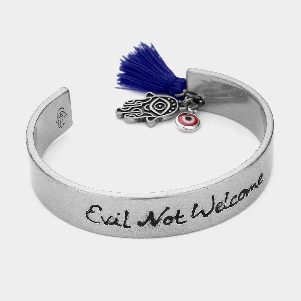 Silver Evil Not Welcome Hamsa Hand Evil Eye Tassel Cuff Bracelet