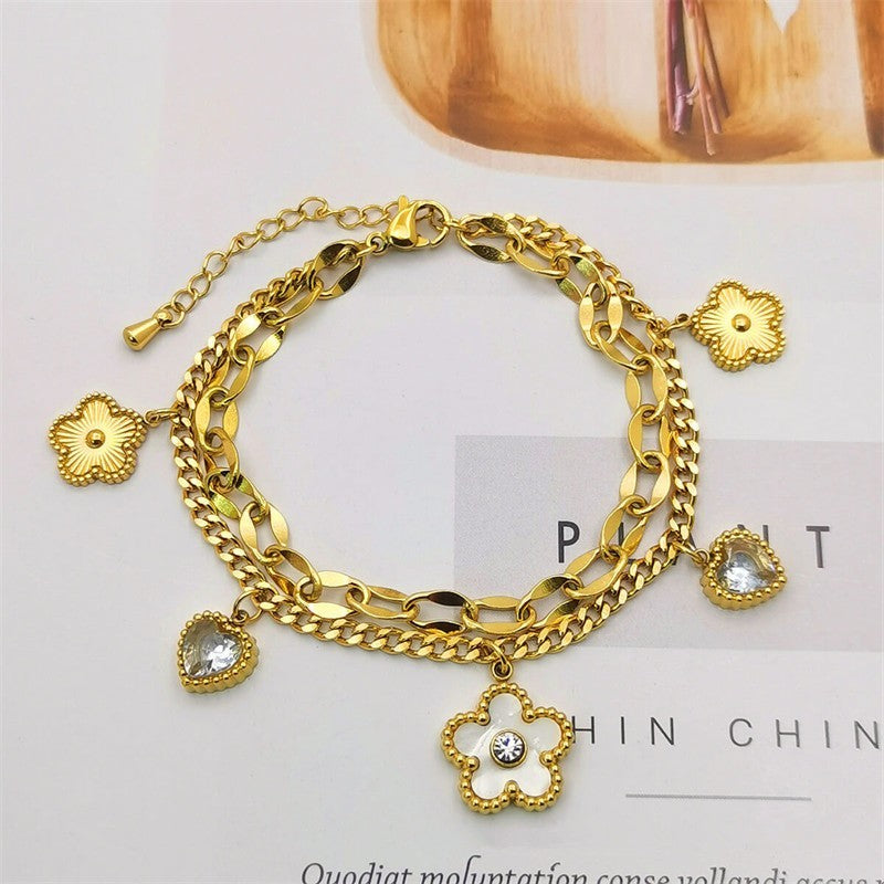 Yellow Gold Plated Double Layered Chain Charm Bracelet with Flowers & Hearts