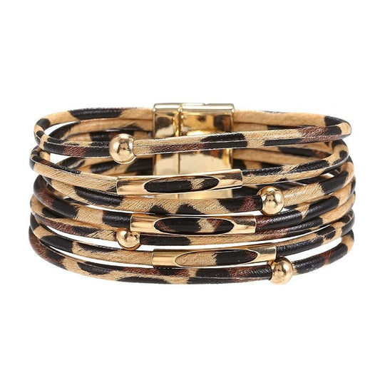 Boho Leopard Bracelet Duo | Multi-Strand Gold & Animal Print Cuff Bangle 2PC Set