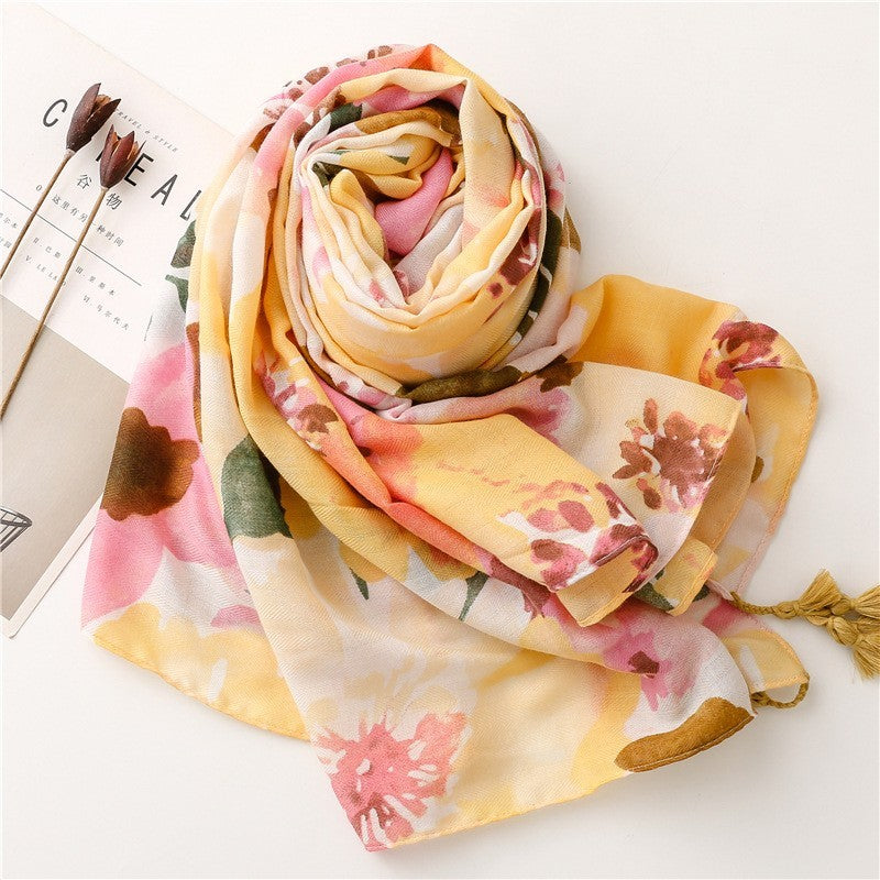 2pcs Floral Tassel Shawl Scarf Large Soft Spring Fashion Wrap Yellow Pink