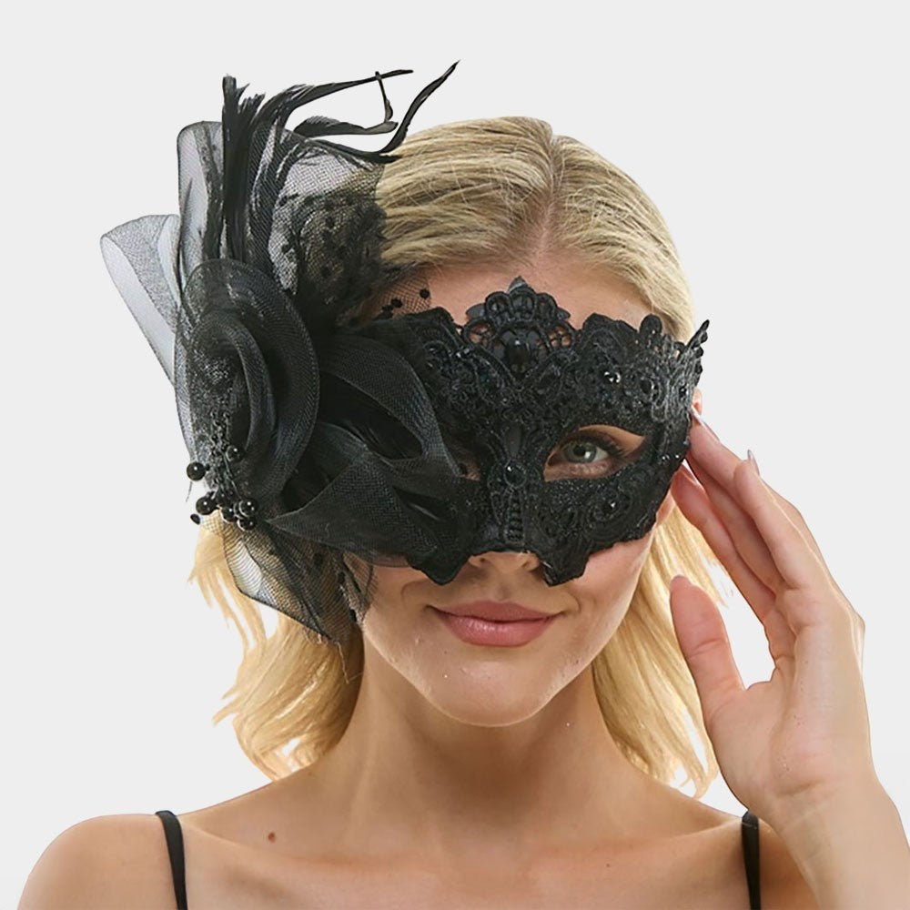 Stunning Bla Lace Masquerade Mask  Feather & Beaded Venetian Style Eye Accessory
