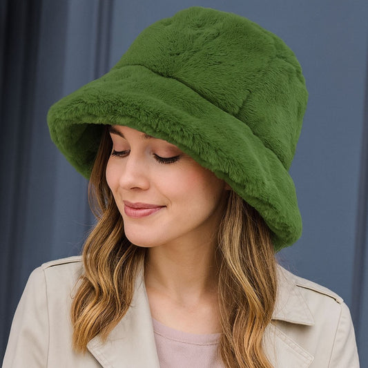 Cozy Green Faux Fur Bucket Hat One Size Winter Fashion Accessory Warm Hats Gift