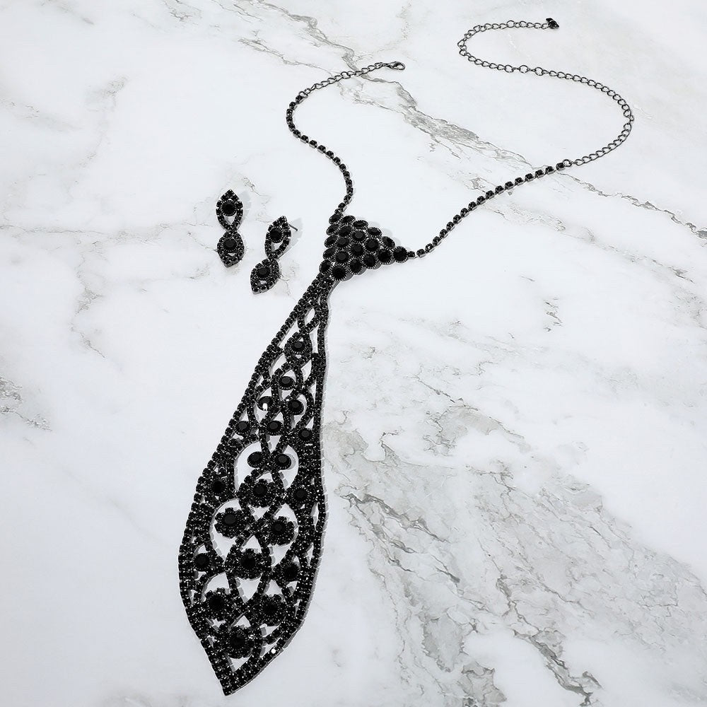 Black Rhinestone Necktie Necklace & Earring Set - Glamour Statement Jewelry